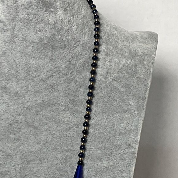 Stunning Art Glass Faceted Crystal Blue Gold Beaded Necklace 28” - Picture 6 of 7